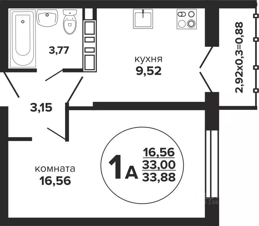 1-к кв. Краснодарский край, Краснодар Российская ул., 257/7 (33.88 м) - Фото 0