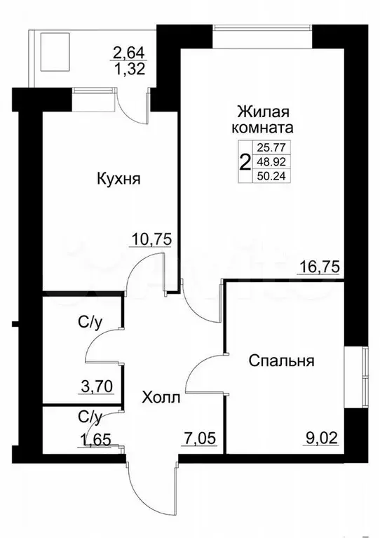 2-к. квартира, 50,2 м, 7/9 эт. - Фото 1