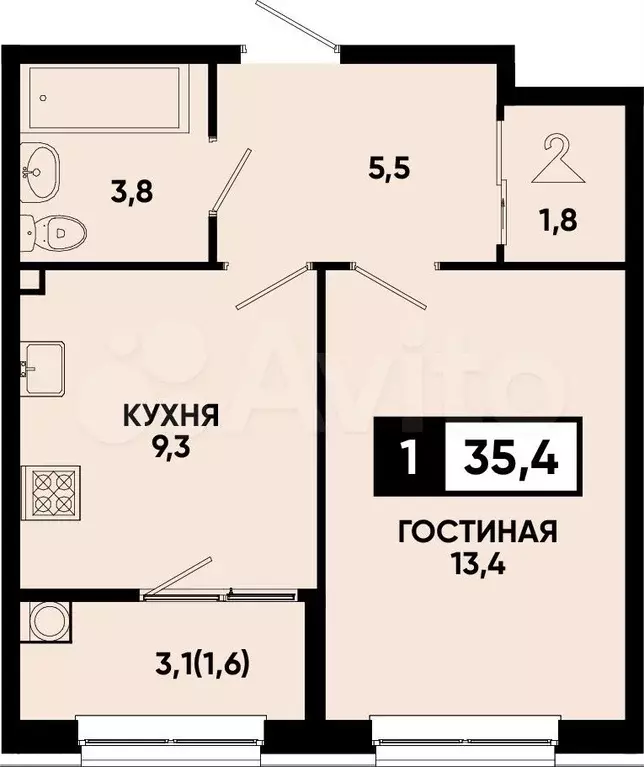 1-к. квартира, 35,4 м, 2/12 эт. - Фото 0