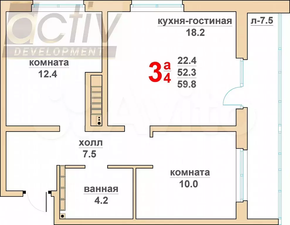 3-к. квартира, 60,2 м, 11/16 эт. - Фото 1