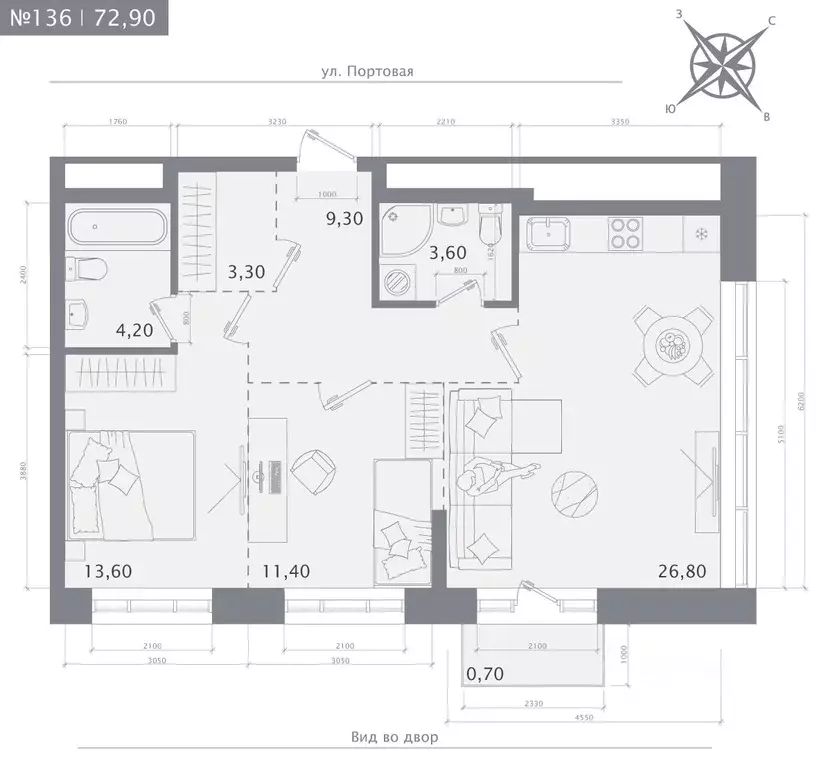 2-к кв. Татарстан, Казань 1712 жилой комплекс (72.9 м) - Фото 1