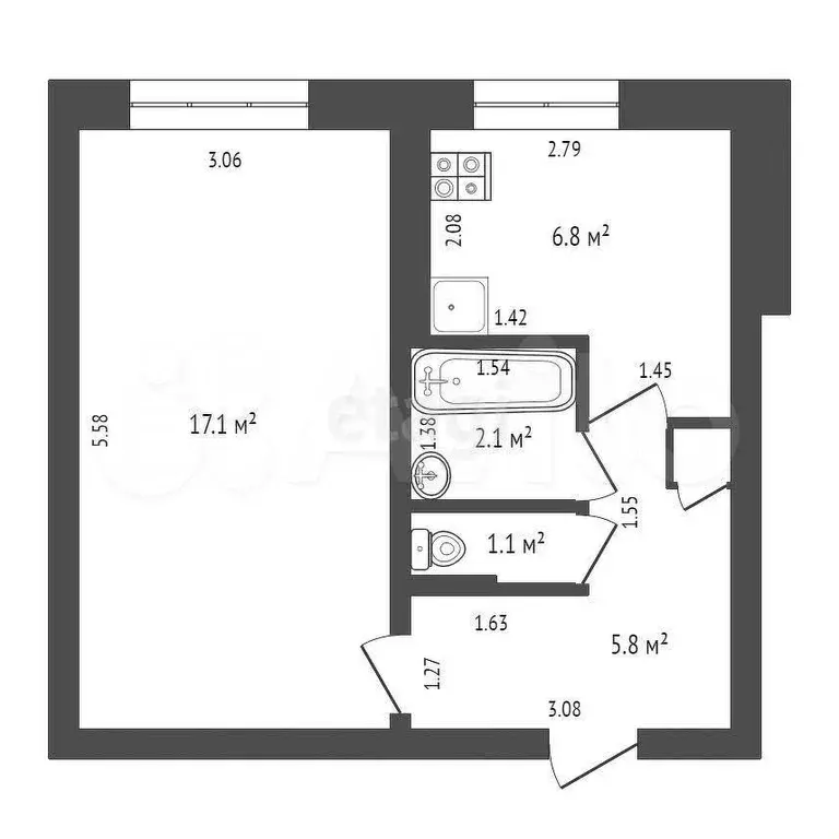 1-к. квартира, 33,2 м, 2/5 эт. - Фото 0