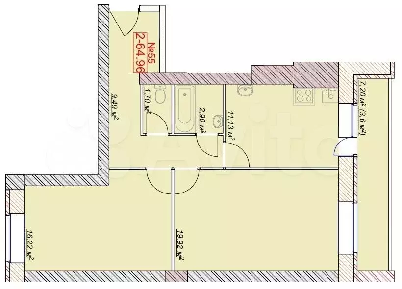 2-к. квартира, 65м, 2/9эт. - Фото 1