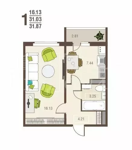 Квартира-студия: Курск, проспект Надежды Плевицкой, 23 (31.9 м) - Фото 1