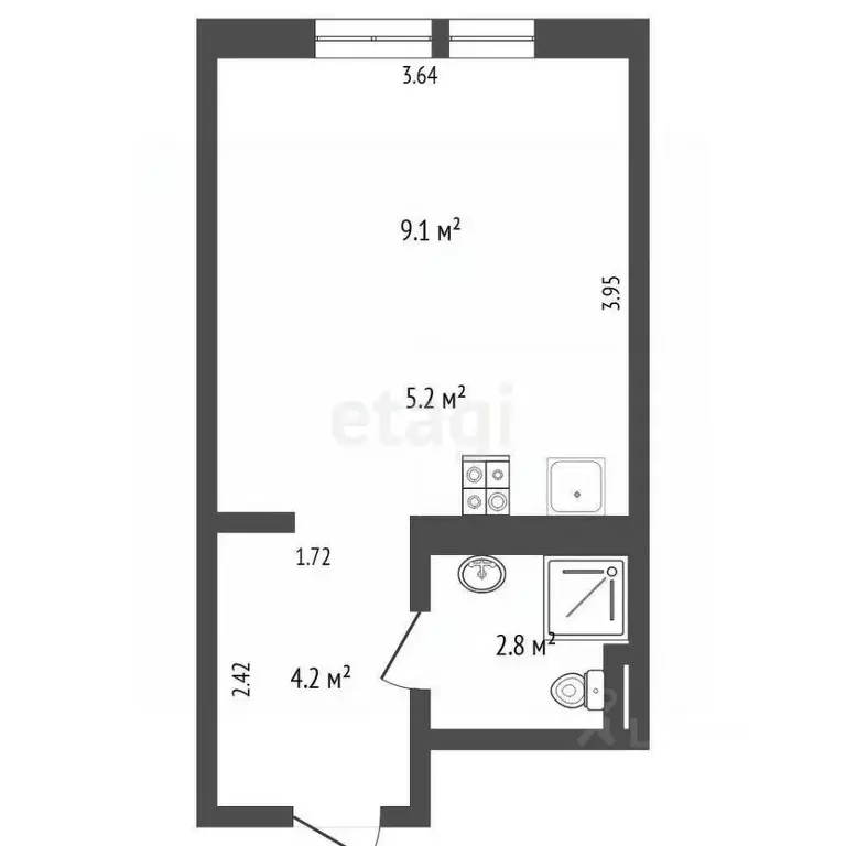 Студия Тюменская область, Тюмень Полевая ул., 117к3 (21.3 м) - Фото 2