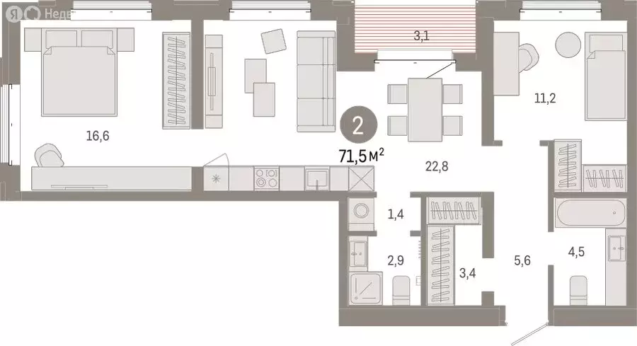 2-комнатная квартира: Тюмень, жилой комплекс На Минской (71.48 м) - Фото 1