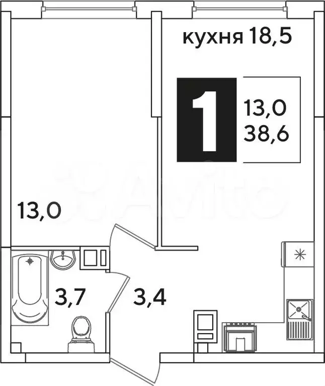 1-к. квартира, 38,6 м, 3/16 эт. - Фото 1