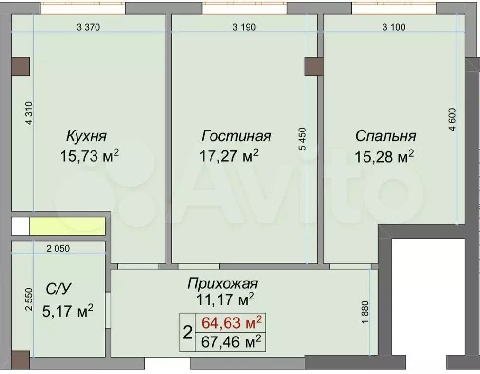 2-к. квартира, 67,5 м, 7/8 эт. - Фото 1