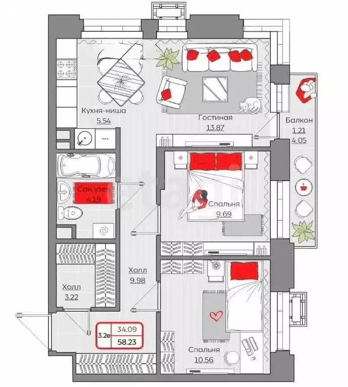 3-комнатная квартира: Казань, улица Ярышлар, 8 (69.9 м) - Фото 1