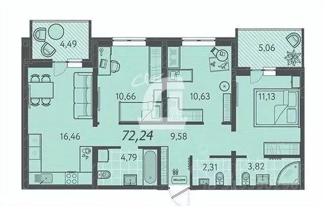 Квартира, 3 комнаты, 72.2 м - Фото 0