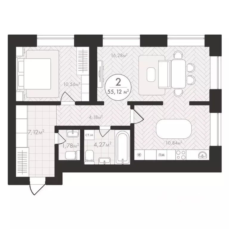 2-к кв. Башкортостан, Уфа Южный-2 мкр,  (55.12 м) - Фото 1