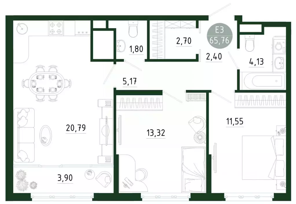 2-к кв. Тульская область, Тула Платон Парк жилой комплекс (65.76 м) - Фото 1