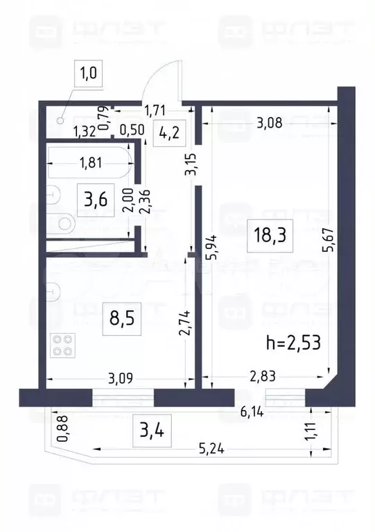 1-к. квартира, 39 м, 5/10 эт. - Фото 0