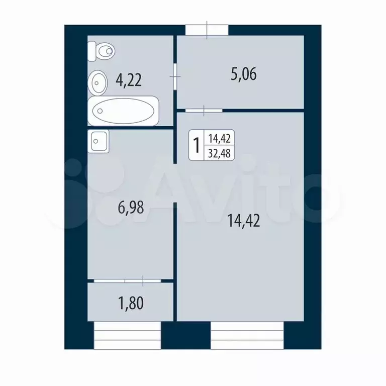 1-к. квартира, 32,5 м, 1/4 эт. - Фото 1