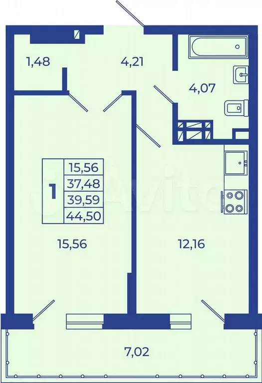 1-к. квартира, 44,5 м, 8/9 эт. - Фото 1