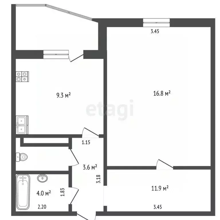 1-к кв. Тюменская область, Тюмень ул. Николая Семенова, 27к1 (43.2 м) - Фото 2