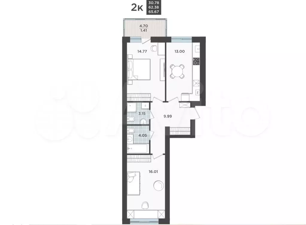 2-к. квартира, 62,4 м, 1/9 эт. - Фото 1