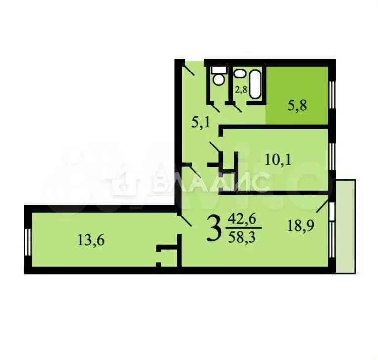 3-к. квартира, 58,8 м, 4/5 эт. - Фото 0