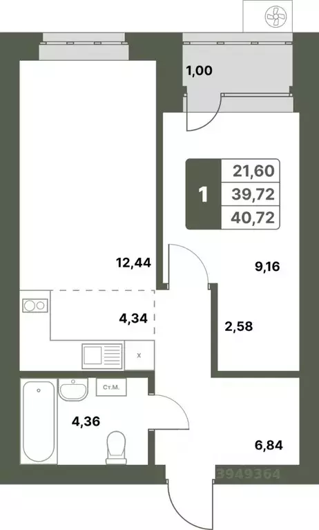 1-к кв. Башкортостан, Уфимский район, с. Миловка  (40.72 м) - Фото 1