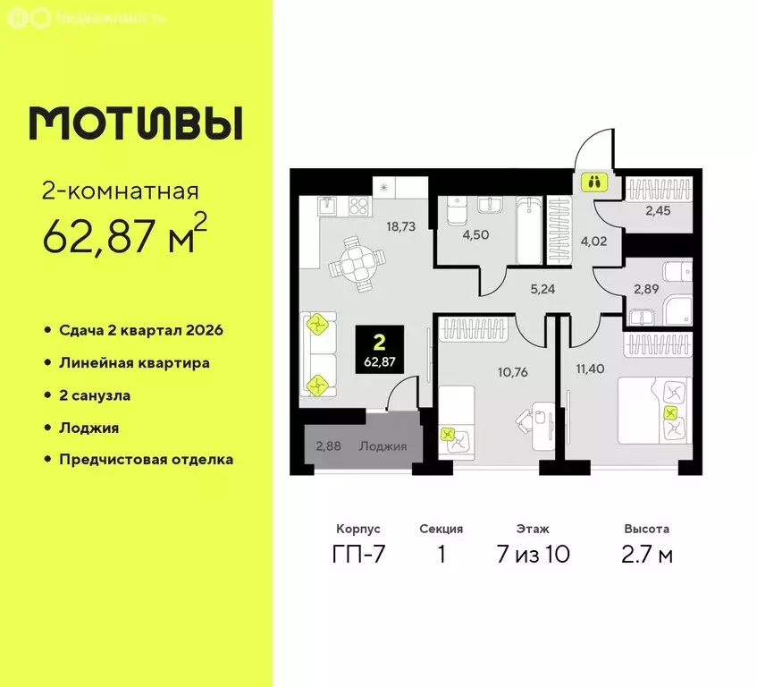 2-комнатная квартира: Тюмень, жилой комплекс Мотивы (62.87 м) - Фото 0