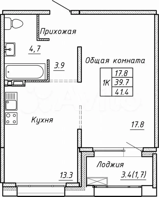 Своб. планировка, 41,4 м, 6/15 эт. - Фото 0