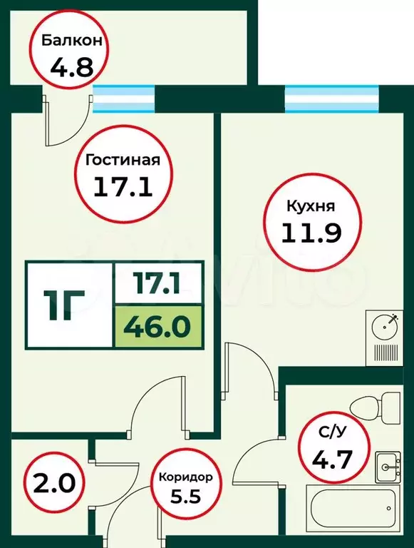 1-к. квартира, 46 м, 3/8 эт. - Фото 0