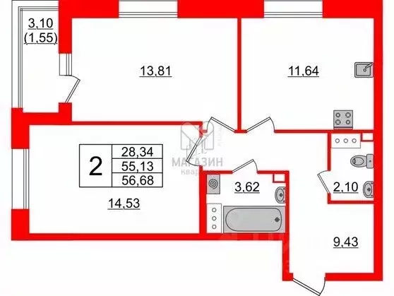 2-к кв. Санкт-Петербург ул. Среднерогатская, 11 (56.68 м) - Фото 1