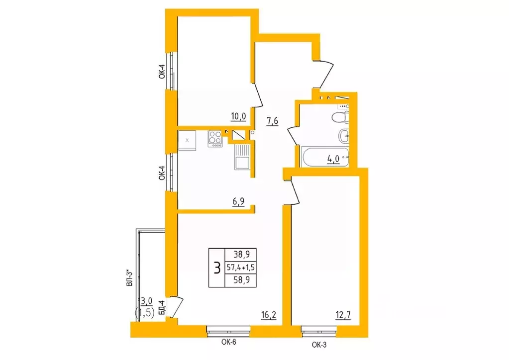 3-к кв. Башкортостан, Уфа Инорс-4Б мкр, Акварель жилой комплекс (58.9 ... - Фото 1
