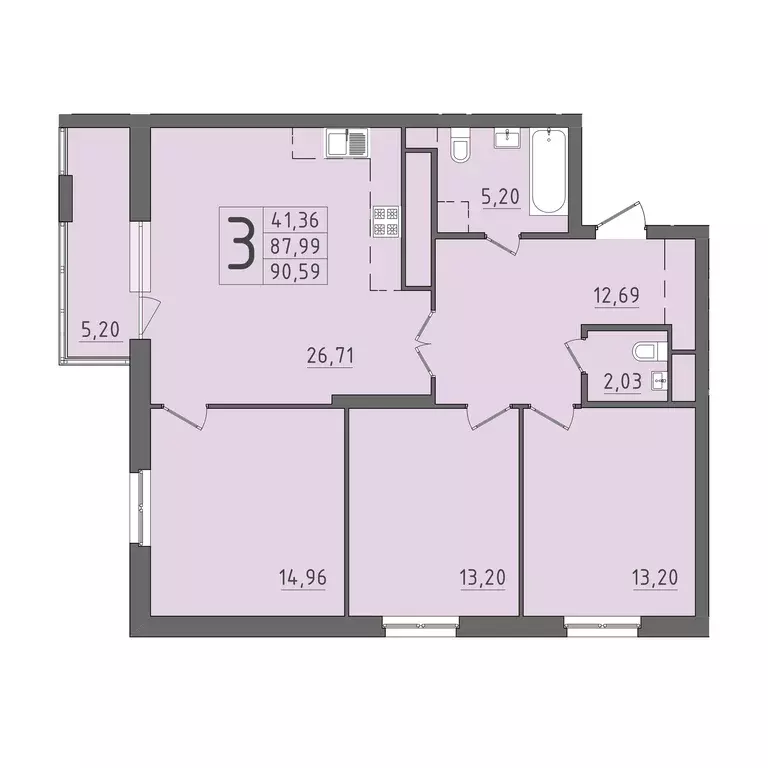 3-к квартира, 90.59 м - Фото 0