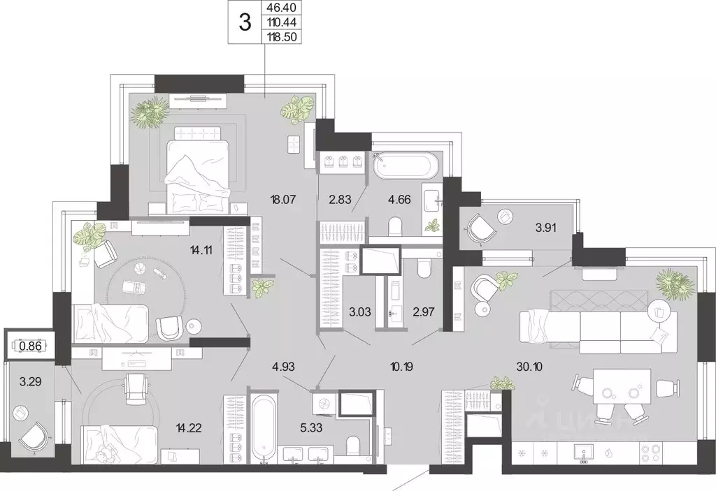3-к кв. Тульская область, Тула ул. Фридриха Энгельса, 74 (118.5 м) - Фото 2