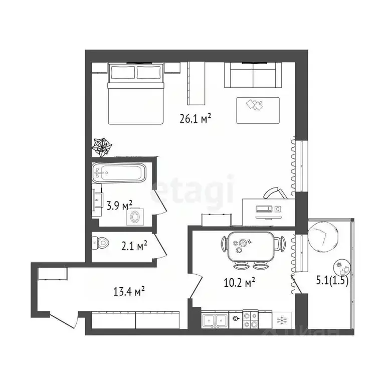1-к кв. Тюменская область, Тюмень Профсоюзная ул., 61 (57.2 м) - Фото 1