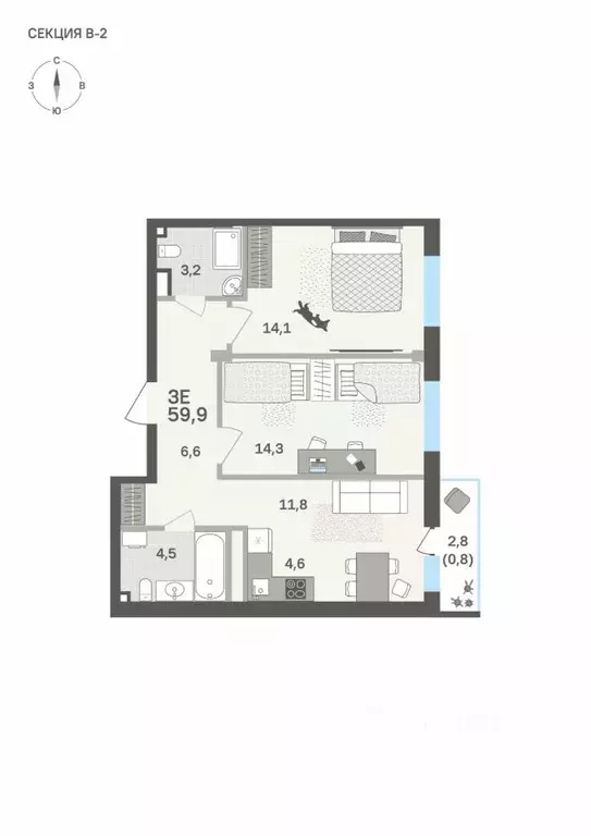 3-к кв. Пермский край, Пермь бул. Гагарина, 72 (59.9 м) - Фото 1