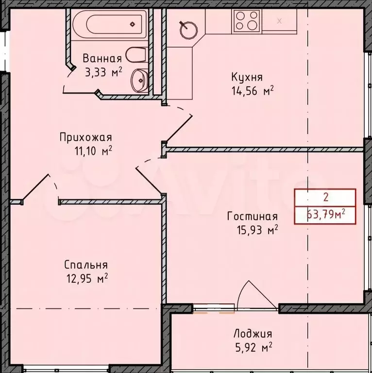 2-к. квартира, 63,8 м, 4/13 эт. - Фото 0
