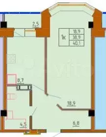 1-к. квартира, 39 м, 7/9 эт. - Фото 0