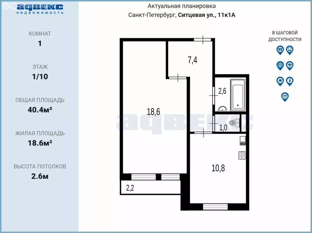 1-комнатная квартира: Санкт-Петербург, Ситцевая улица, 11к1 (40.4 м) - Фото 1