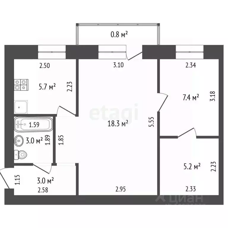 2-к кв. Башкортостан, Стерлитамак просп. Ленина, 44 (42.6 м) - Фото 2