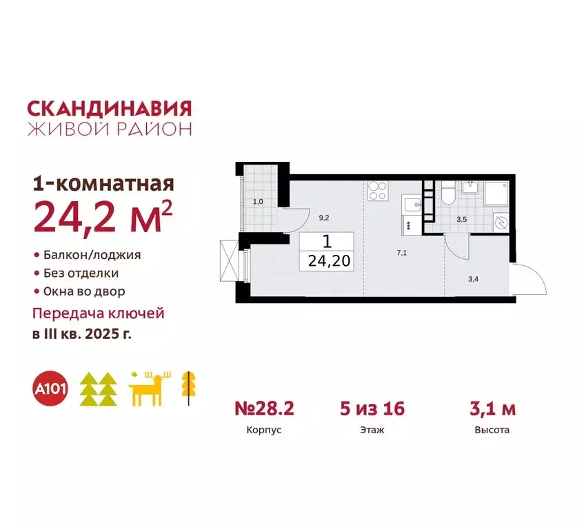Квартира-студия: поселение Сосенское, квартал № 167 (24.2 м) - Фото 0