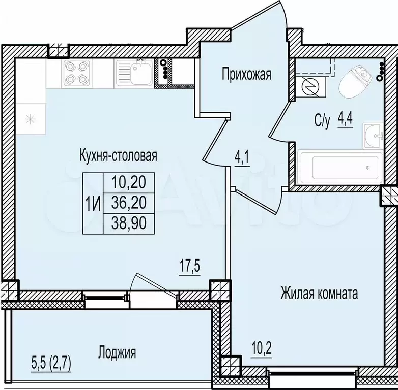 1-к. квартира, 38,9 м, 2/9 эт. - Фото 0