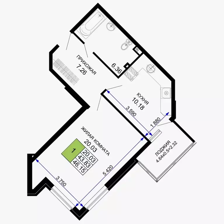 Продаётся 1-к квартира, 46.15 м - Фото 0