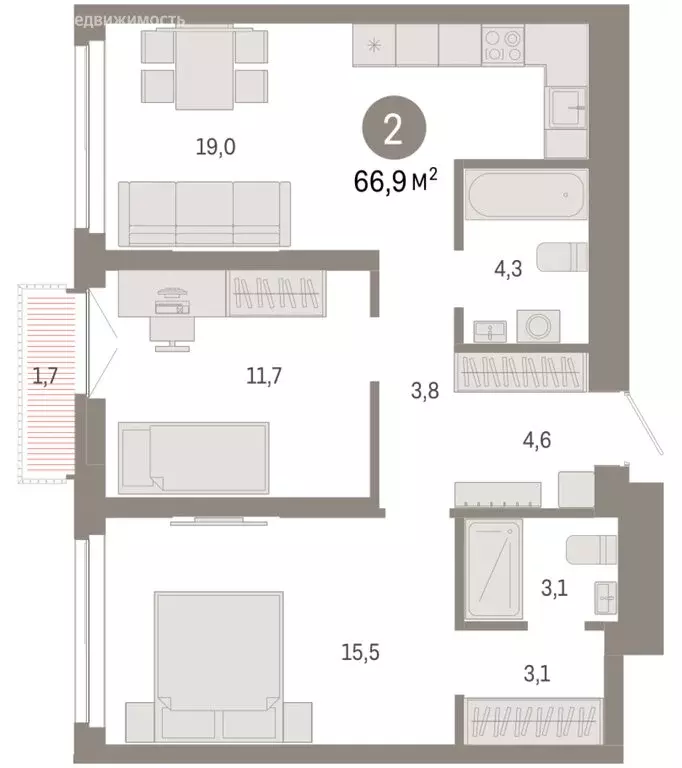 2-комнатная квартира: Новосибирск, Большевистская улица, 66 (66.86 м) - Фото 2