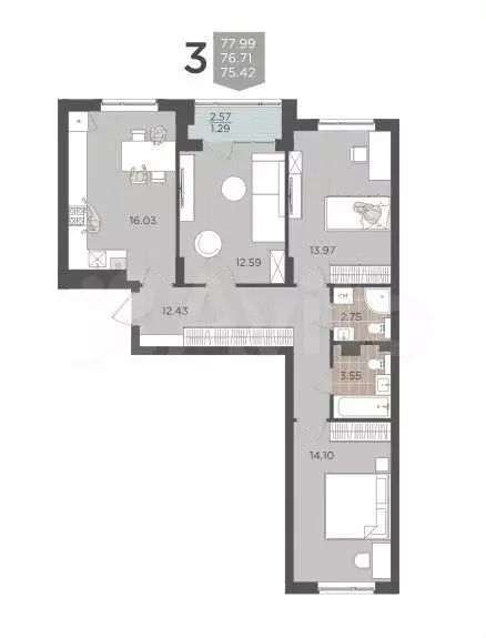 3-к. квартира, 78 м, 1/9 эт. - Фото 1