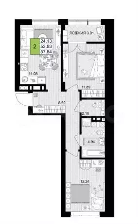 2-к. квартира, 57,8 м, 3/7 эт. - Фото 1