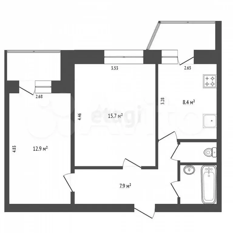 2-к. квартира, 48,8 м, 8/9 эт. - Фото 0