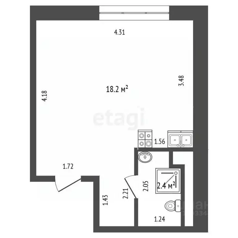 Студия Тюменская область, Тюмень ул. Мельникайте, 83 (20.7 м) - Фото 2