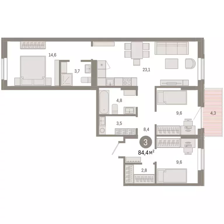 3-комнатная квартира: Омск, Кировский округ (84.37 м) - Фото 1