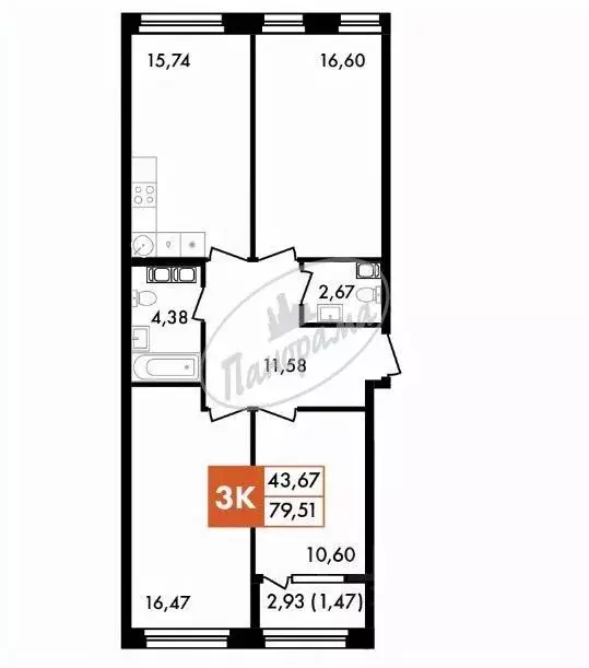 3-к кв. Калужская область, Калуга Первый на Правом жилой комплекс, 1 ... - Фото 2