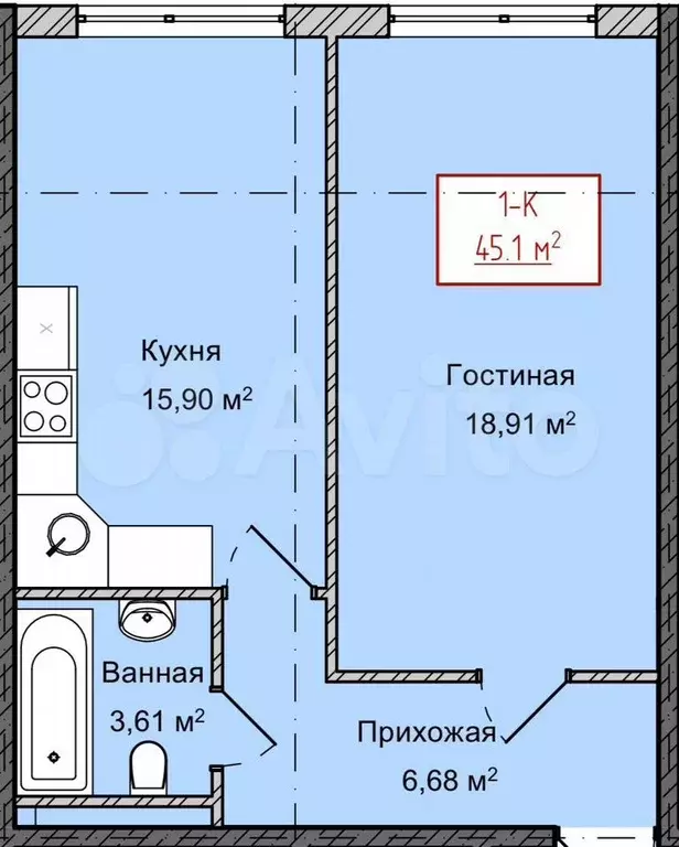 1-к. квартира, 45,1 м, 8/13 эт. - Фото 0