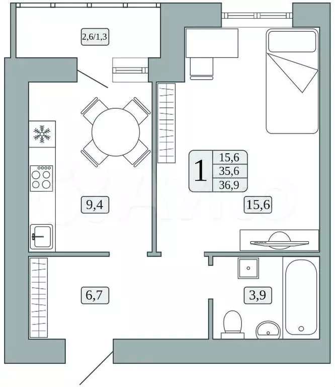 1-к. квартира, 35,6 м, 6/9 эт. - Фото 1