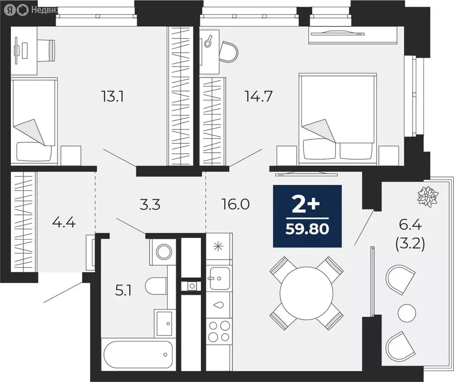 2-комнатная квартира: Тюмень, улица Тимофея Чаркова, 77 (63 м) - Фото 1