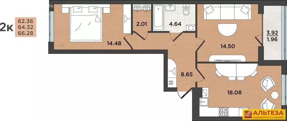 2-комнатная квартира: Калининград, улица Куйбышева, 84 (64.4 м) - Фото 1